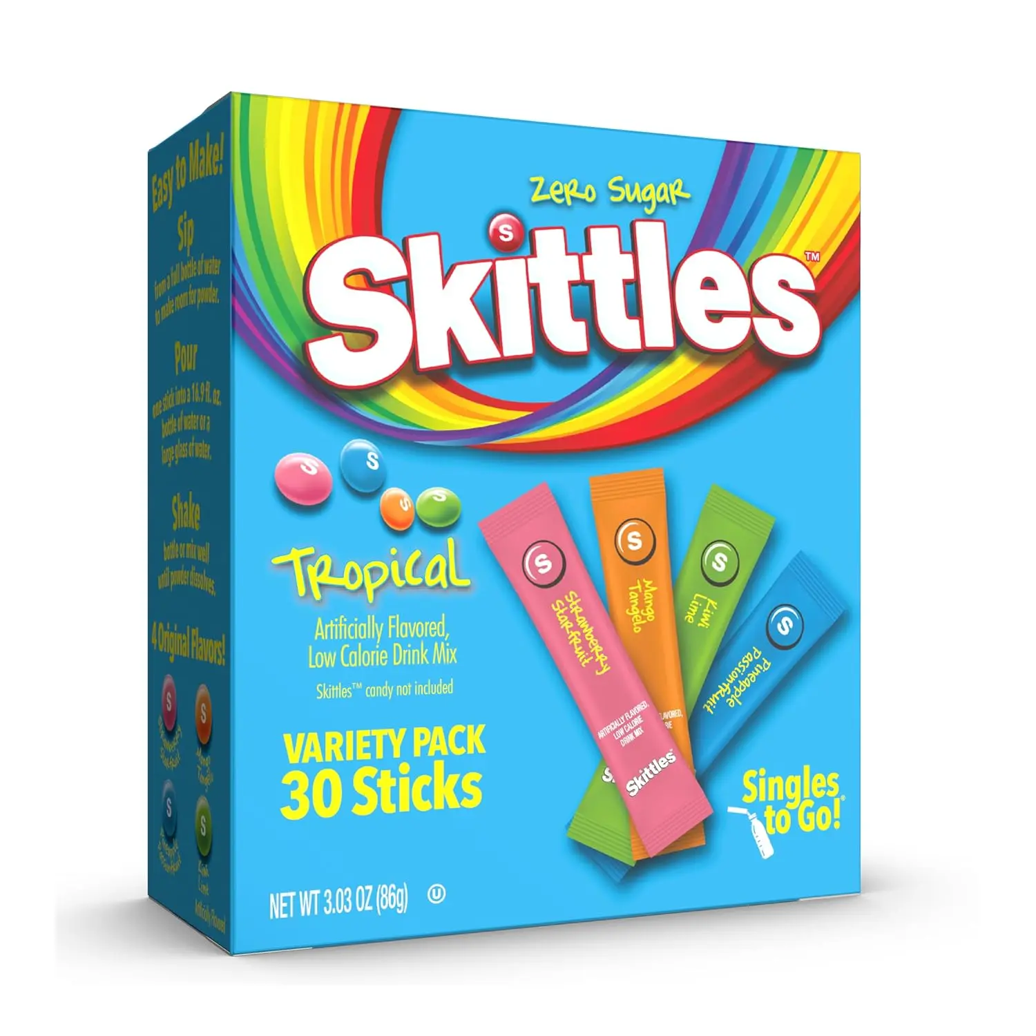 Skittles Drink Mix, Tropical Variety Pack, 30 Packets | Sugar Free Drink Mix Packets to Flavor Water, WaterTok Low Calorie Drink Mix, Hydration Packets, Includes 4 Tropical Flavors