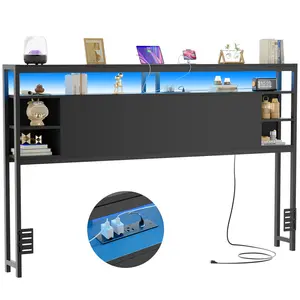 Homieasy King Size Headboard with Storage, Headboards with Power Outlets and RGB LED Light, Sturdy Head Board for King Size Bed, Stable King Headboard Only for Bedroom, Dorm Room, Guest Room, Black