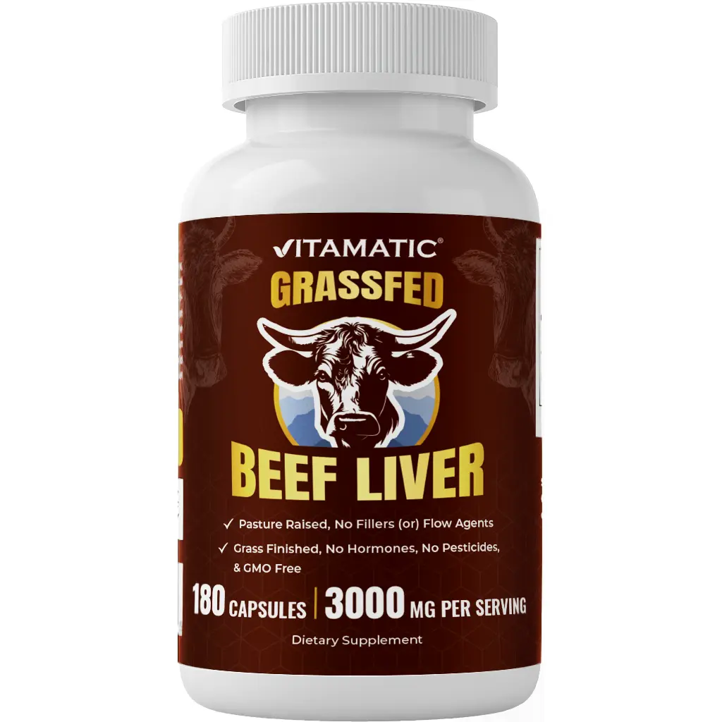 Vitamatic Grass-Fed Beef Liver Glandular Complex Supplements, 180 Freeze-Dried Capsules, 3000 MG per Serving, Nutrient Rich Complex, Beef Organ Extract Vitamins, Non-GMO, Pasture-Raised, Sugar-Free, Made in USA for Brain Health, Beef Organ Extract Vitamin