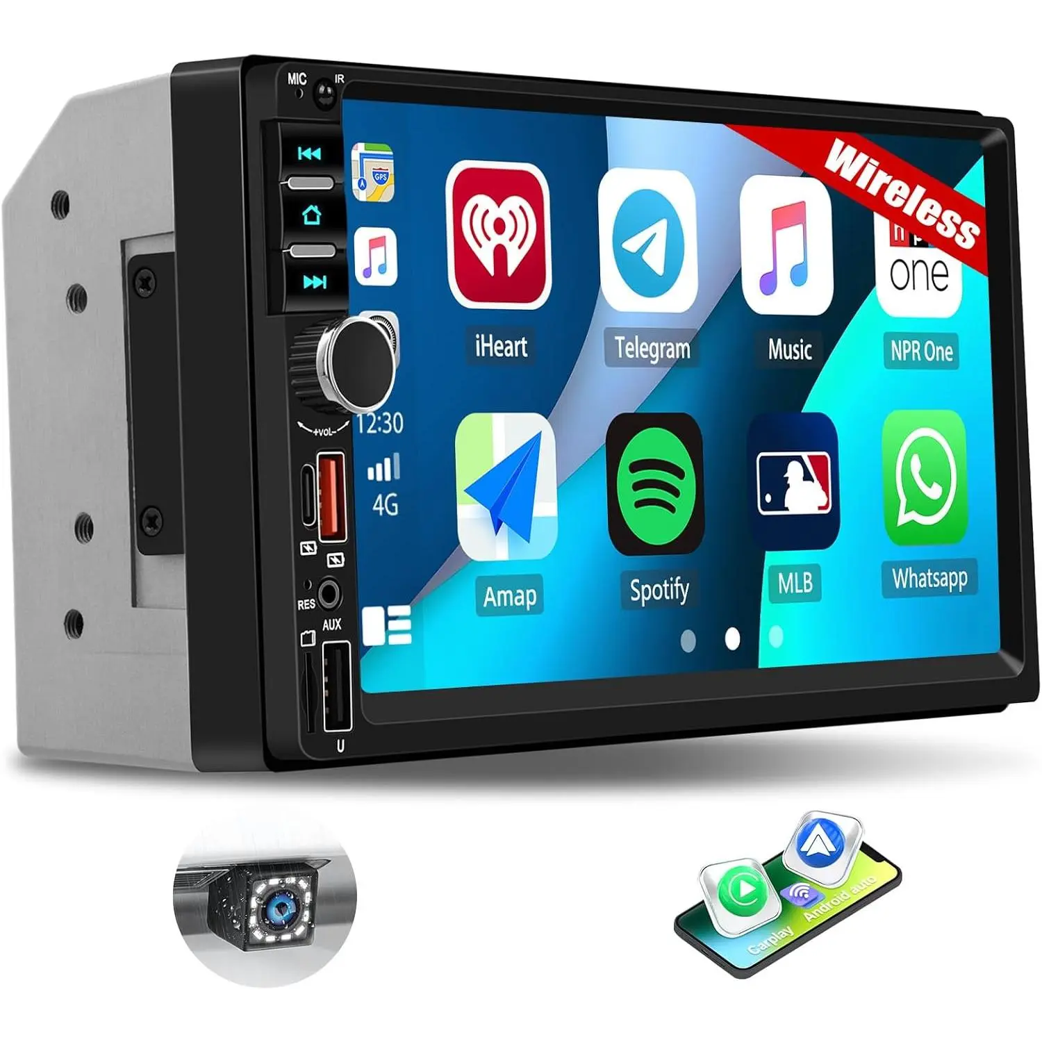 RIMOODY Double Din Car Stereo - 7 in IPS Glass Touch Screen MP5 Multimedia Player, Wireless CarPlay, Android Auto, Wireless Sync, Bluetooth, USB Type-C Charging, EQ, FM Radio, Backup Camera, Spanish, Italian, German, French, Car Interior Accessories