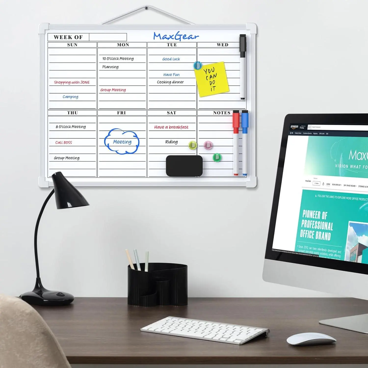 MaxGear Wall Mount Dry Erase Calendar Whiteboard, 16x12in Double-Sided Lightweight Plastic Productivity Planner, Magnetic Markers Compatible, Daily/Weekly Schedule Board for Home/Office Organization, 12-Month After-Sales Guarantee, Visual Schedule Board
