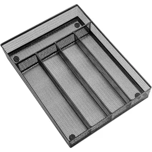Utensil Drawer Organizer, Mesh Wire Silverware Organizer Divider for Kitchen, Stainless Steel Cutlery Flatware Storage Tray with Non-Slip  , 5 Compartment, 12.5 x 9.2Inch, Black