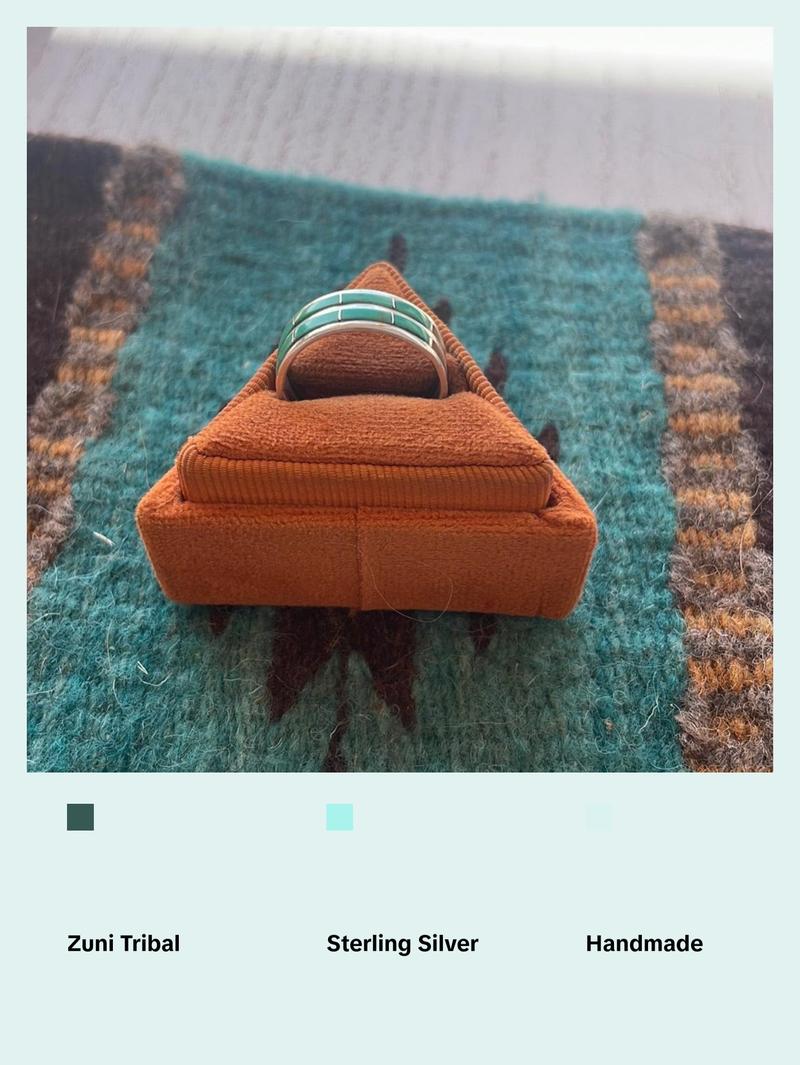 Zuni Double Row Green Turquoise 8 Stone Inlay Ring