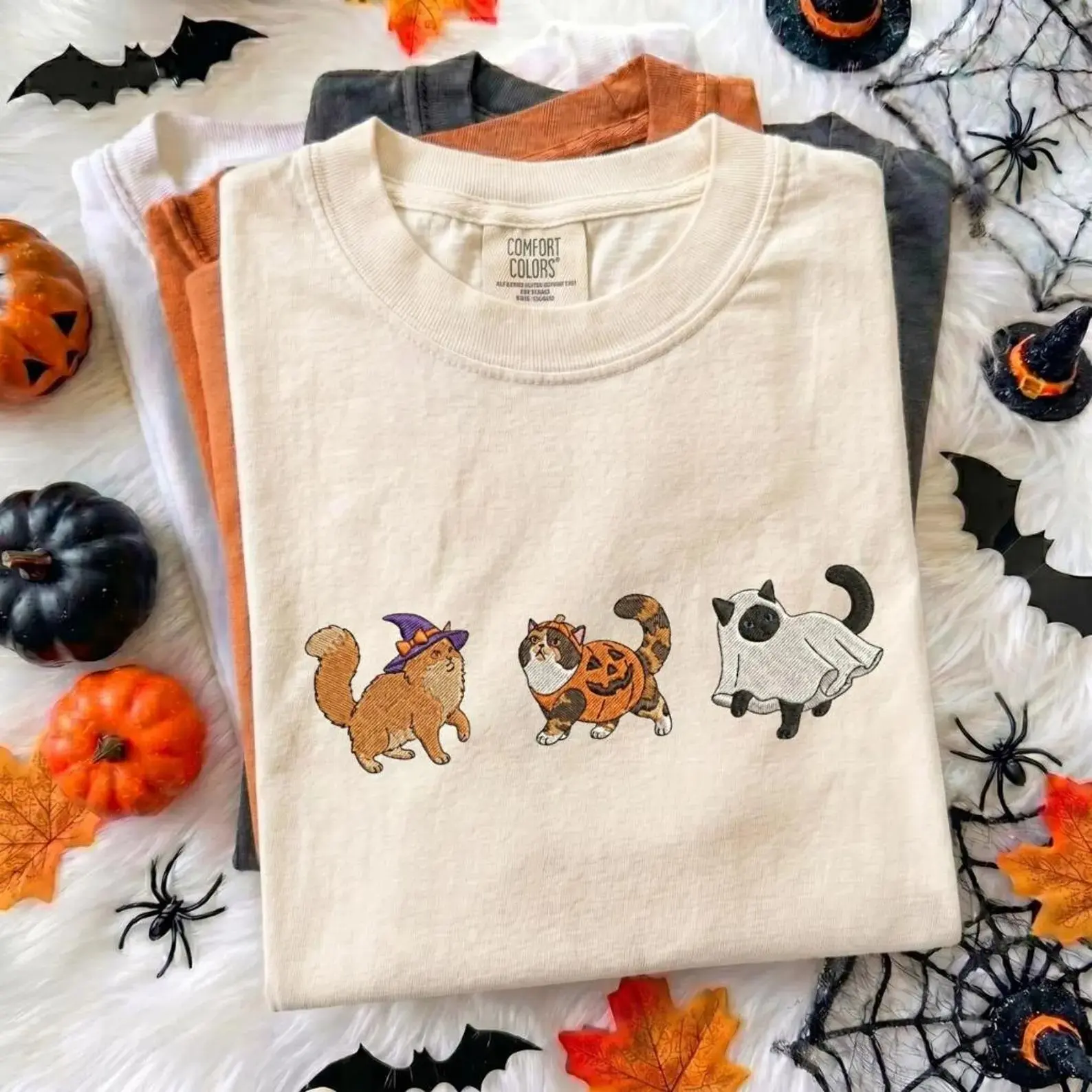 [MADE IN US]Cute Halloween Cat Embroidered Shirt, Comfort Colors Black Cat Tee, Spooky Ghost Pumpkin Cat Shirt, Witch Cat Shirt , Fall Cat Lover Gift