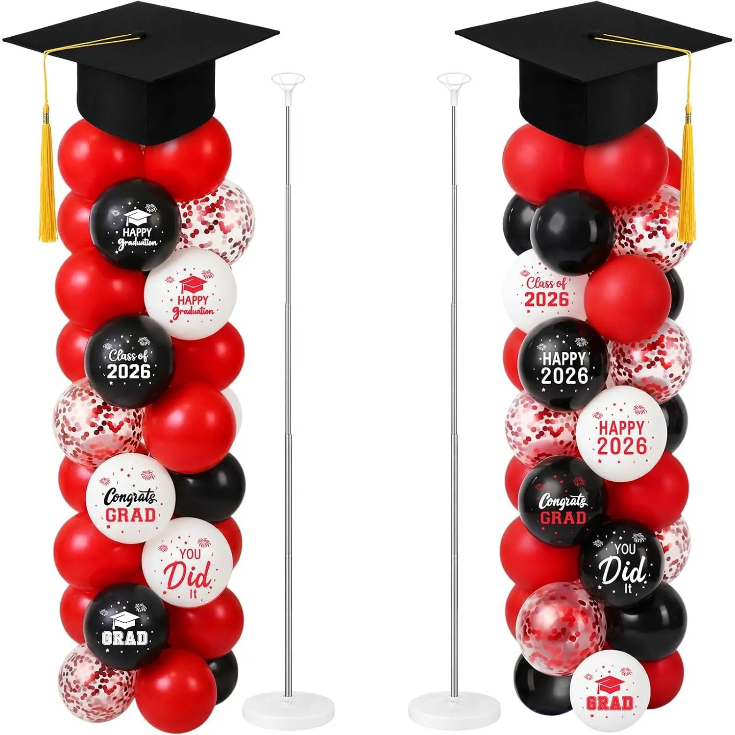 Thenshop 2 Sets Black Red Graduation Balloon Column Stand Kit 2026- Balloon Tower Stand Kit with 100 Balloons with 7ft Adjustable Height with Paper Grad Cap Toppers for Grad Party Decor Supplies