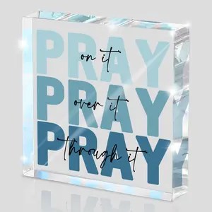 Religious Gifts for Women - Pray on it Pray over it Pray through it  Sign Decorative for  Office Pastor Farmhouse Living Room Church Table Desk Bookshelf Decoration(blue)