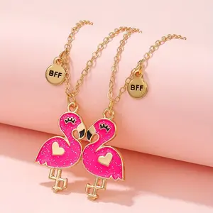 2pcs BFF Flamingo Pendant Necklace, Trendy Jewelry Gift For Best Friends, Necklaces Sets For Girls