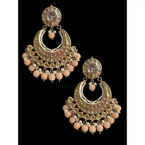 Kundan meena earrings - peach , Oversized chandbali  ( READY TO SHIP )