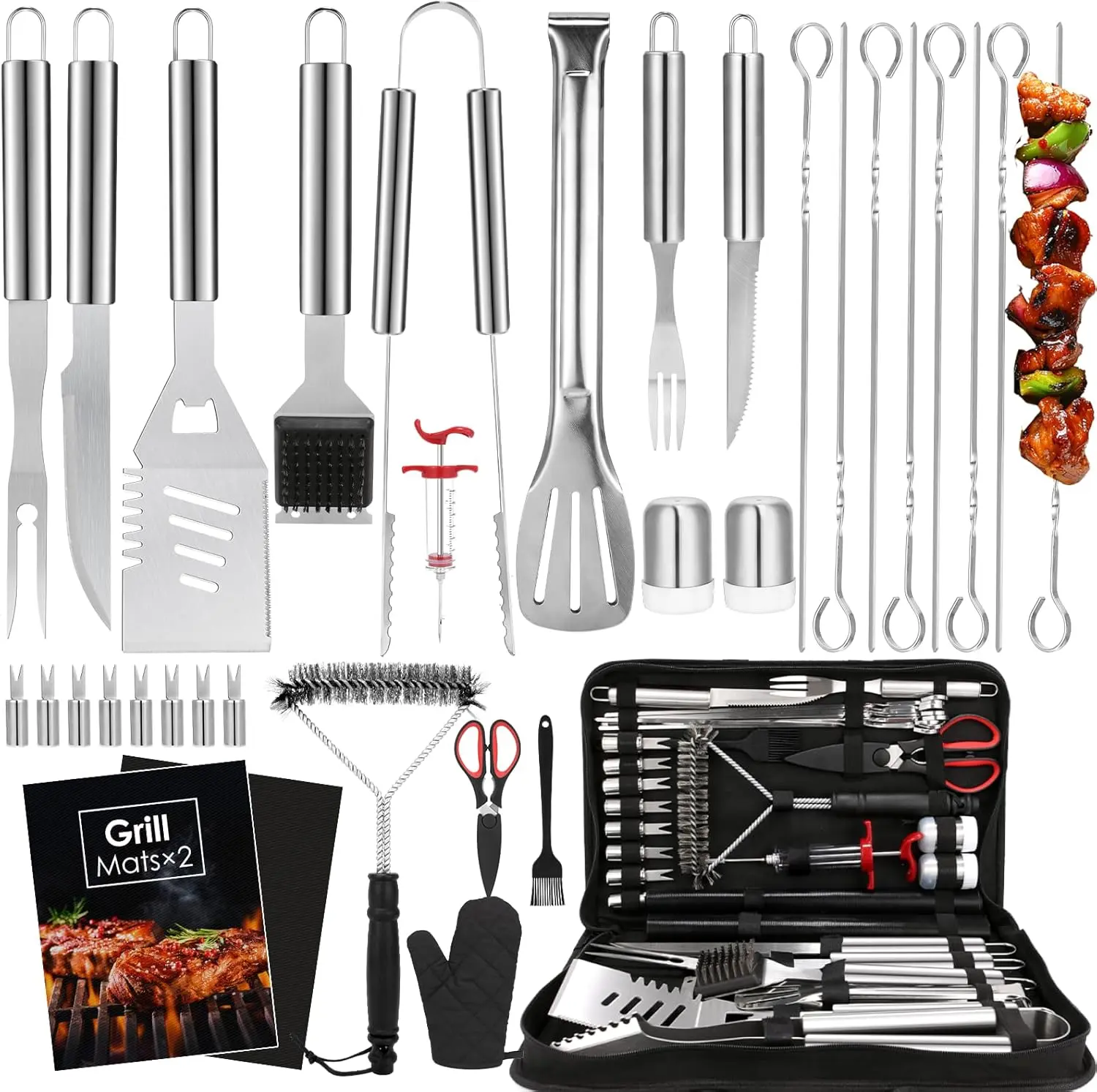 BBQ Grilling Accessories Set, 34 count Heavy Duty Grill Tools for Outdoor Camping, Grilling Gifts for Men Dad, Stainless Steel Barbecue Utensils Kit with Mats and Glove in Carrying Bag,