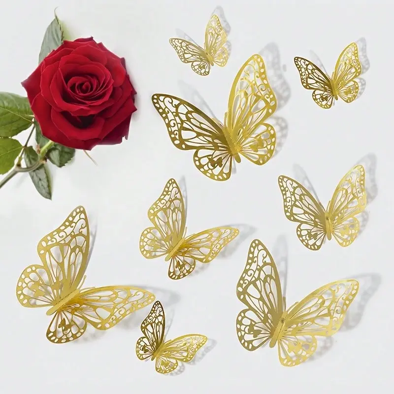 3D Butterfly Wall Stickers, Decorative Decal, Golden and Silvery Colorful Butterflies Decorative Party Decorations for Birthday Wedding Balloon Room Decoration