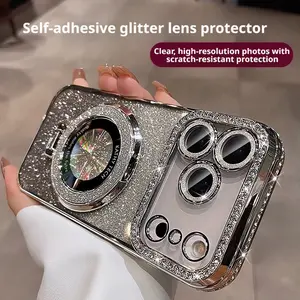 Magnetic stand suitable for iPhone 17 gradient glitter phone case 16 Pro electroplated rhinestone 13 protective cover with diamonds