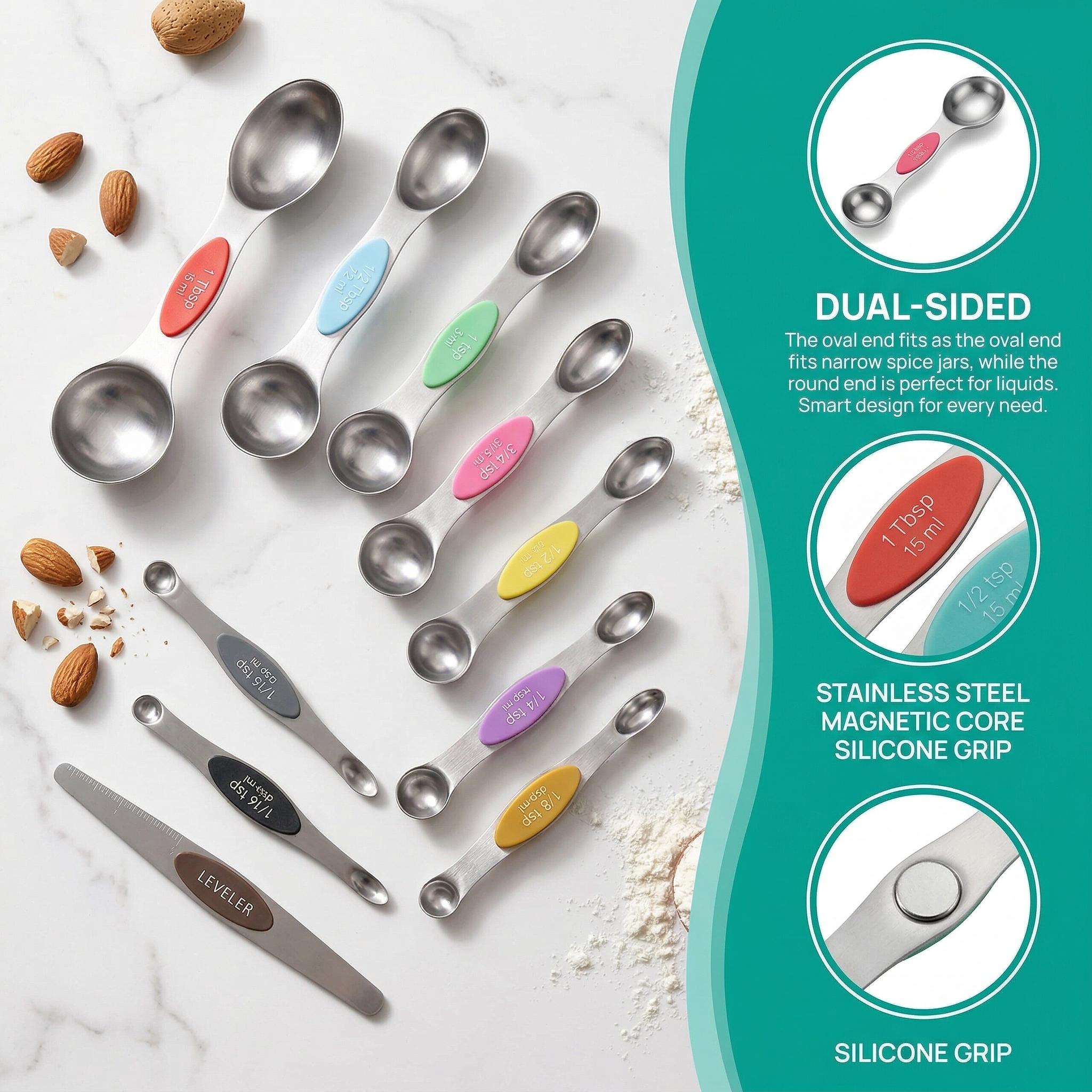Modern Stainless Steel Magnetic Measuring Spoon Set, Household Food Grade Kitchenware Measuring Spoon, Home Essentials Kitchen Gadgets Double-ended Coffee & Baking Tool, Accurate Scale Measuring Utensils, Home Kitchen Cooking Gadgets