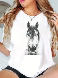 Men's Horse & Equestrian Print Round Neck T-Shirt - Short Sleeve Top with Medium Stretch Fabric All-Season Comfort Machine Washable & Non- Casual Blouse for Daily Wear & Horse Riding - Easycare Clothing