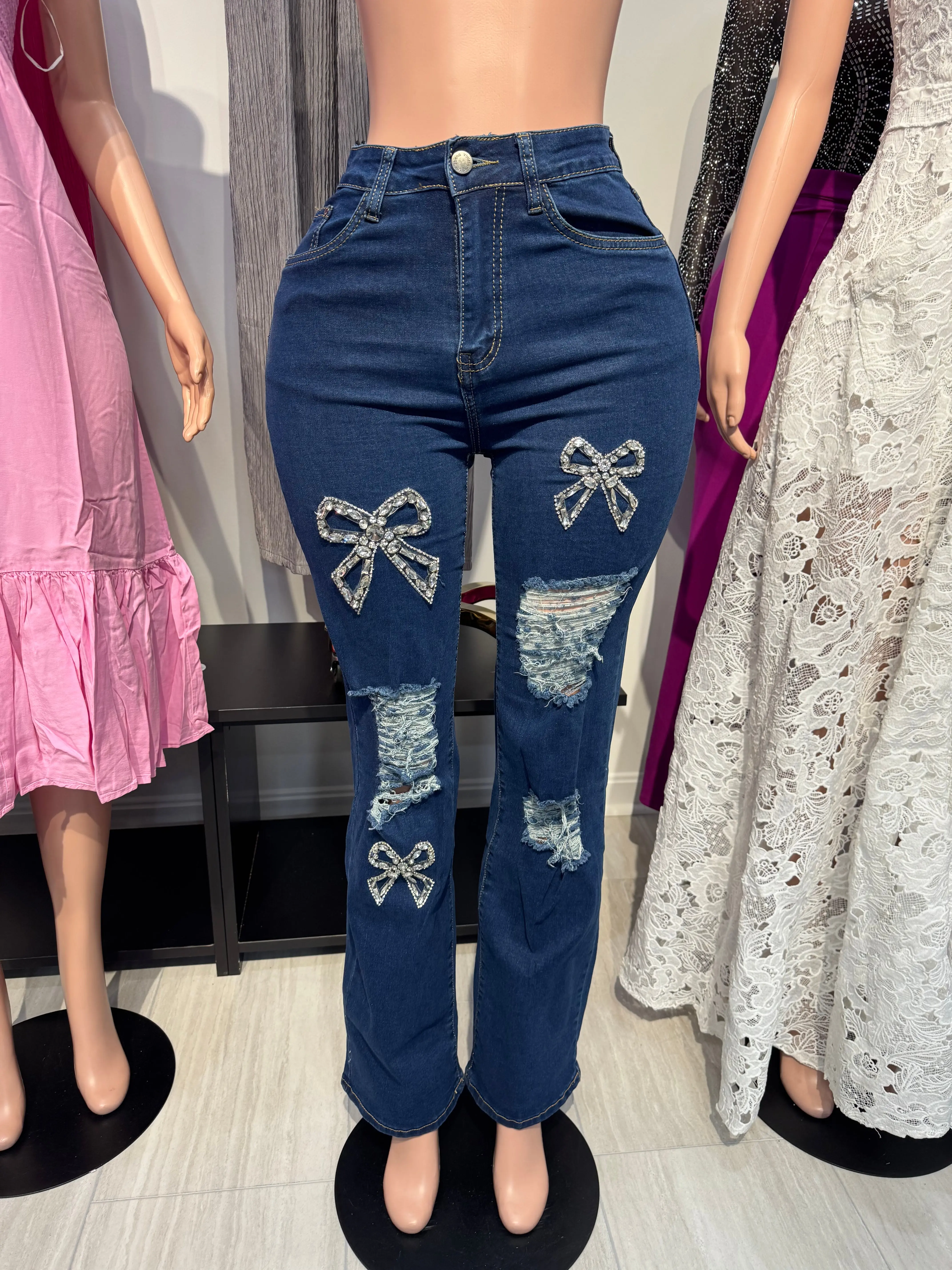 Glam Bow Distressed Straight-Leg Jeans Glam Bow Distressed Straight-Leg Jeans