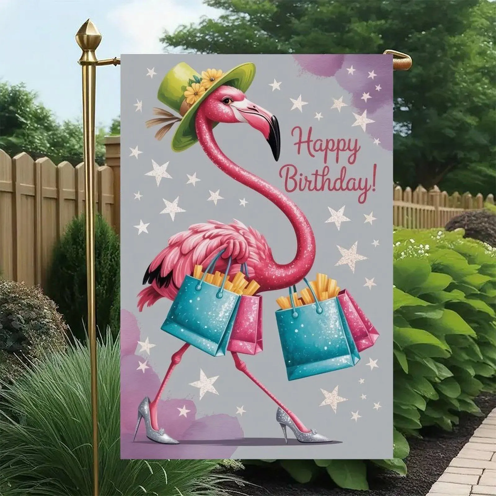 Happy Birthday Fashion Flamingo Shopping Bag Star High Heel Tropical Birthday Garden Flag Double-Sided 12x18in, Funny Birthday Celebration Outdoor Banner