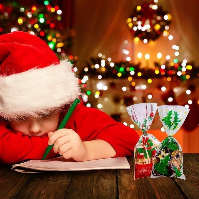 200 Pcs Christmas Cellophane Treat Bags, Xmas Clear Cello Gift Bags Candy Goodies Bags with Twist Ties for Christmas Party Supplies