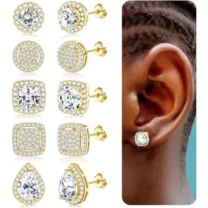 MILACOLATO Cubic Zirconia Stud Earrings for Women Men Simulated Diamond CZ Halo Stud Earrings Round Square Iced Out Earrings 18K Plated Gold Hypoallergenic 925 Sterling Silver Post Earrings Set