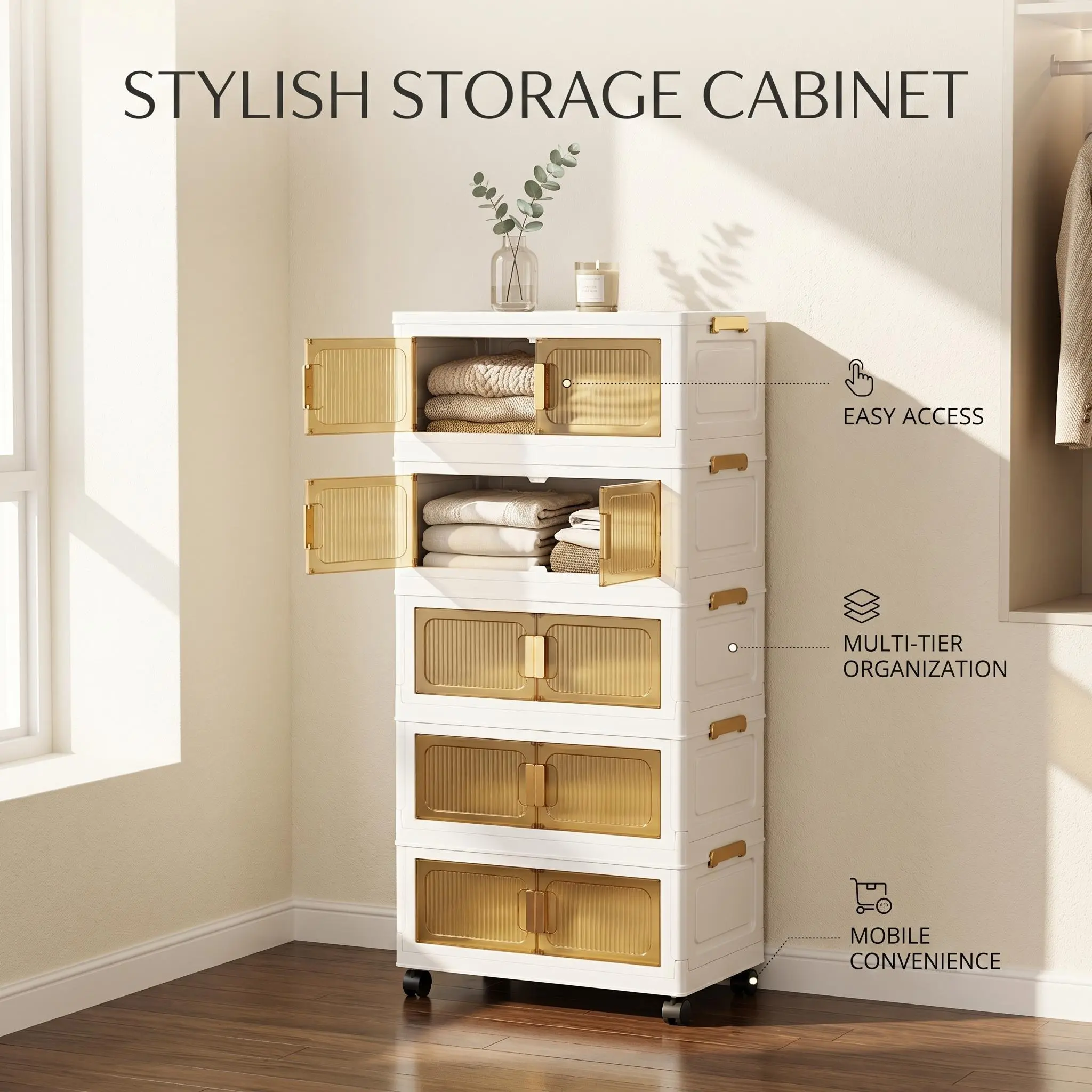 【US】PeaWove 5-Tier Foldable Storage Organizer with Wheels | Dust-Proof Home Organization Storage for Bedroom, Living Room & Kitchen