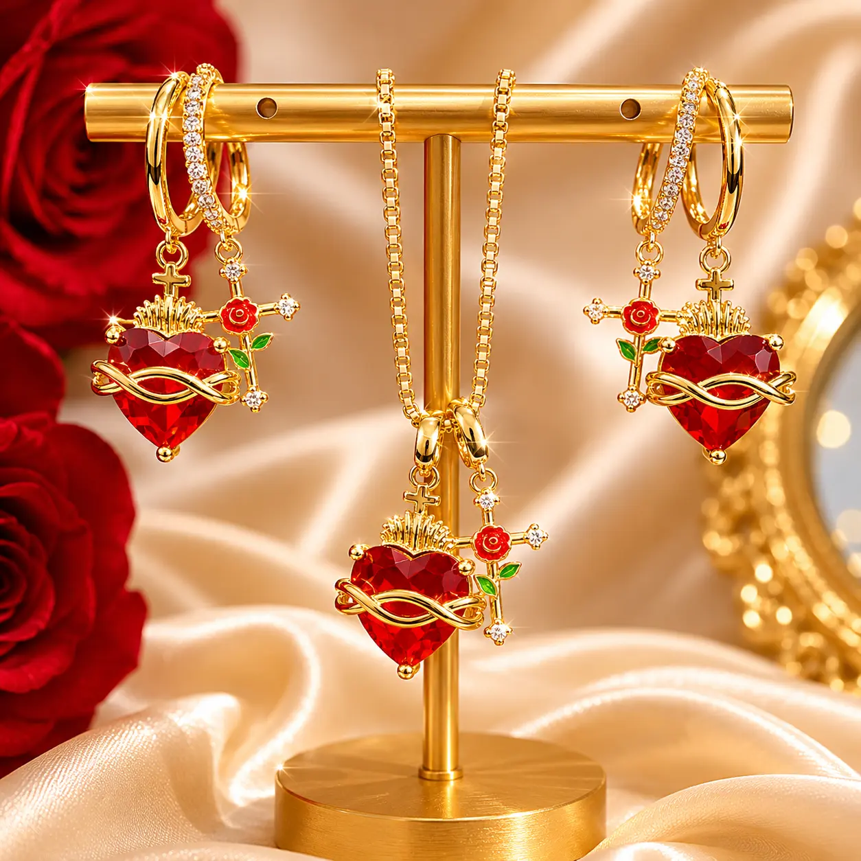 Jewelry Set for Women, 2-Piece Romantic Vintage Sacred Heart Necklace and Red Crystal Hoop Earrings, Meaningful Valentine's Day Gift, Valentine Gifts, Meaningful Gifts
