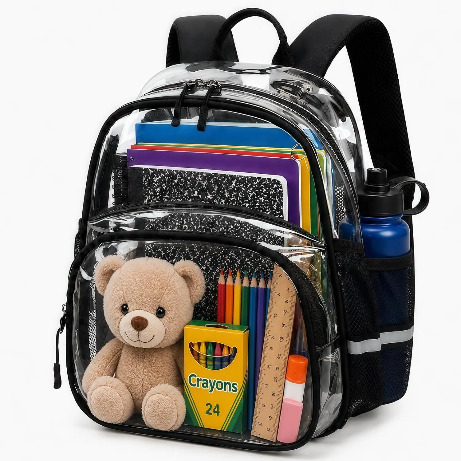 Clear Backpack for Stadium Events, Kids, Teens & Adults, 12 Inch Bag | 13L capacity with front zip pocket, 2 bottle pockets, padded straps, chest buckle, reflective strips and safety whistle