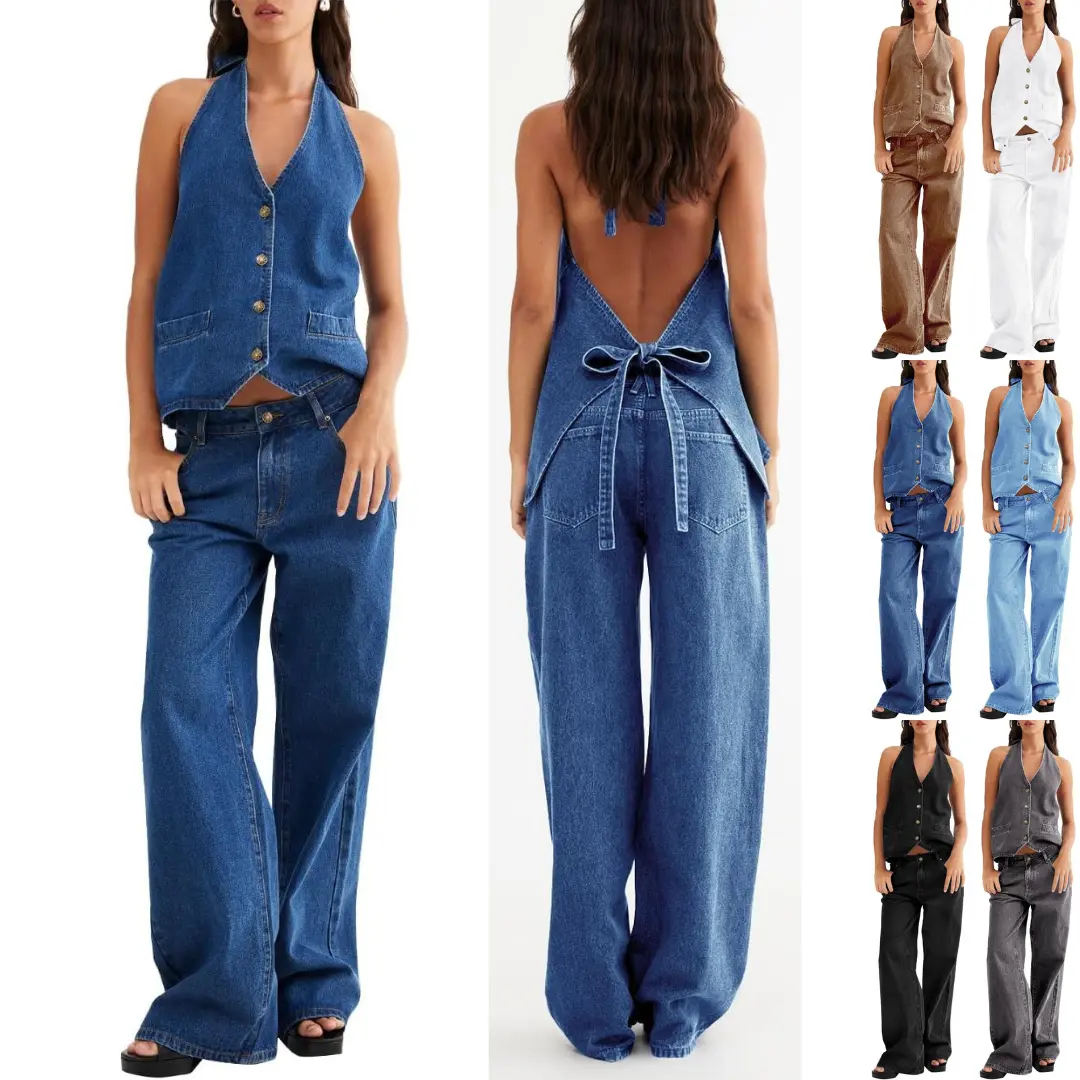 Imily Bela Women's Two Piece Denim Set Button Down Backless Tank Top and Wide Leg Jeans 2 Piece Outfit Suits