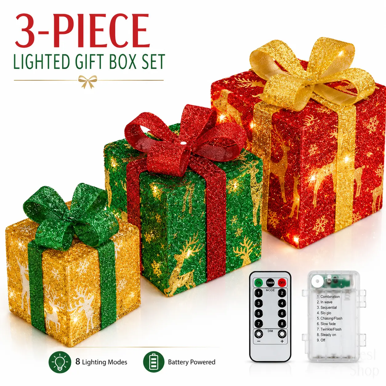 3-Pack Illuminated Christmas Gift Boxes, One Connected 60-LED String for All 3 Boxes, AA Batteries Not Included