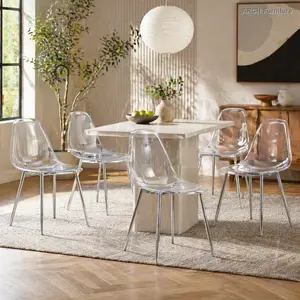 6-Piece Nordic Minimalist Modern Armless Easy Stacking Indoor Chairs - Transparent Plastic, Curved Back, Silver-Plated Metal Legs, Easy Setup, Translucent Look, for Dining, Makeup Use, TW-1200, Easy Stacking Chairs