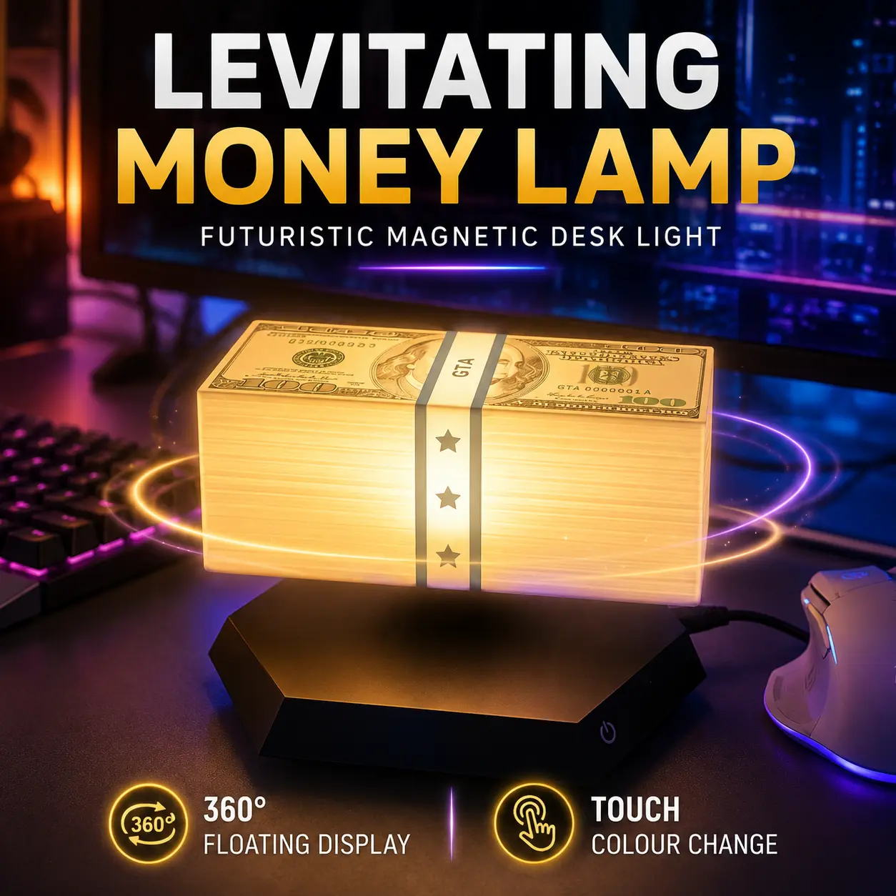 Levitating Money Lamp, Magnetic Floating Dollar Stack Night Light with 360° Rotation, Touch Colour Change LED Desk Decor, USB Powered Futuristic Ambient Lamp for Gaming Room, Bedroom, Office Desk, Birthday Christmas Gift