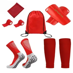 Football Sports Set 6-Piece Kit, Insertable Shin Guards, Ankle Socks, Mid-Calf Striped Sport Socks, Storage Bag, Bandage, Towel, Ideal for Outdoor Activities