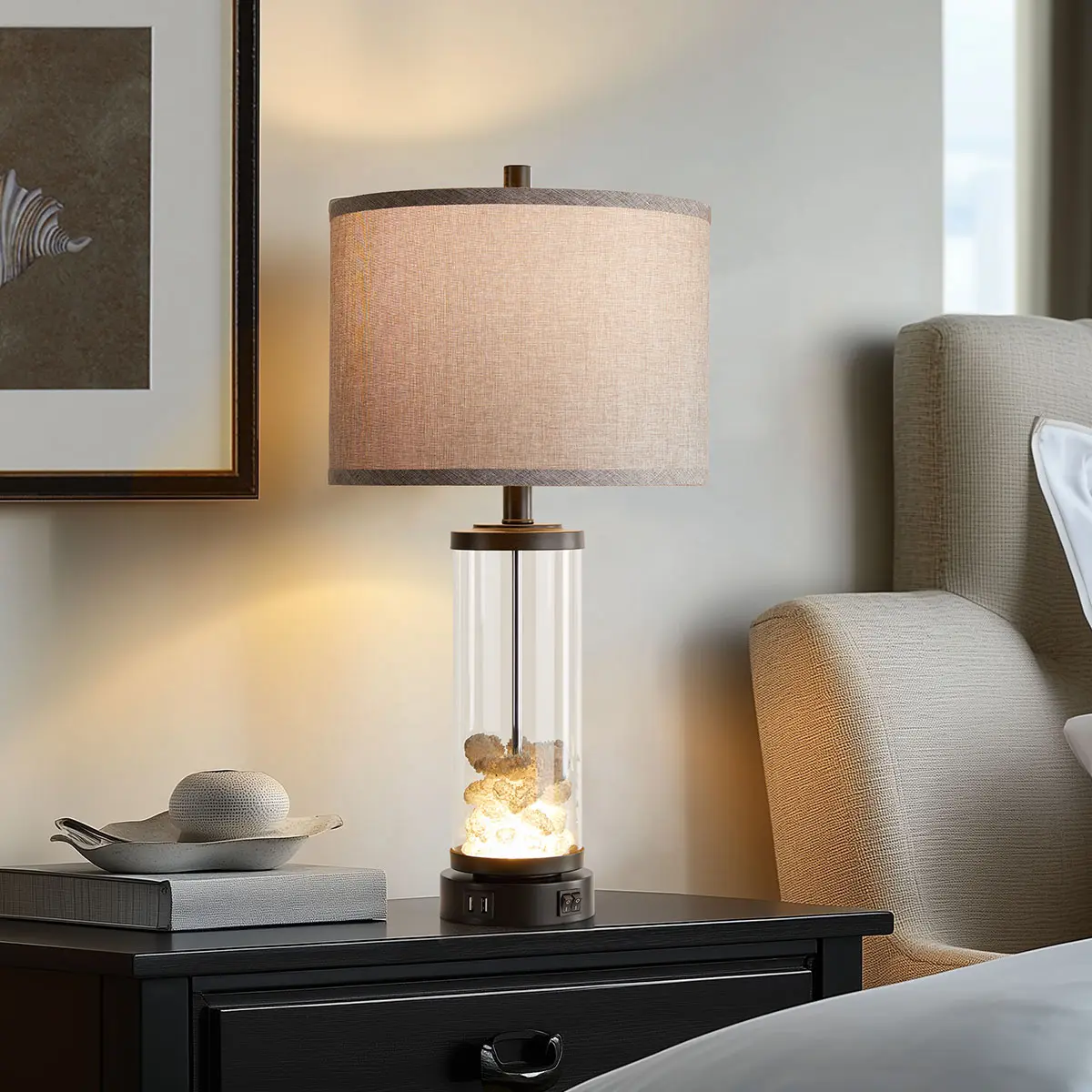 Beach Style Glass Table Lamps with Glowing Shell Base & USB Charging
