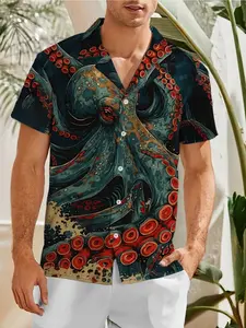 2026 Spring Summer Retro Tropical Octopus Print Hawaiian Shirt, Cuban Collar Short Sleeve, Loose Fit Design, Casual Stylish Trendy Vacation Essential, Menswear, Limited-time holiday offers, fast shipping