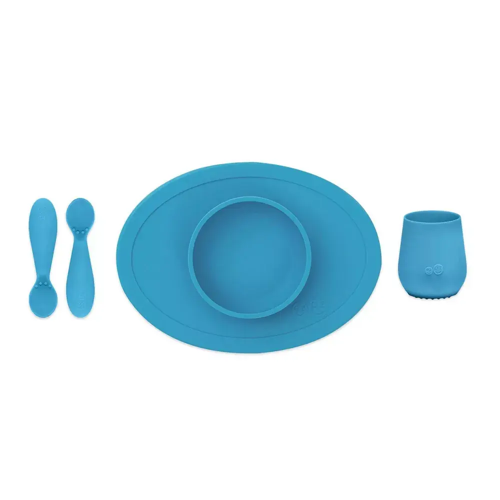 ezpz First Food Set - Blue - 4pc: Non-Slip Grip BPA-Free Silicone Solid Pattern