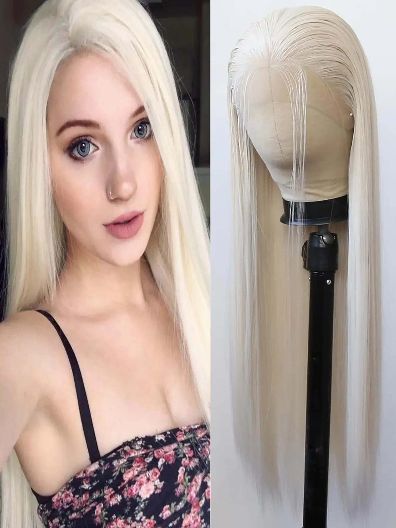 Platinum Blonde Synthetic Lace Wig High Quality Long Straight Lace Frontal White Fluffy Wigs without Bangs Natural Hairline Heat Resistant, Heat Friendly Fiber Wig for Women Daily Wear Party Festival Ballroom Use Halloween