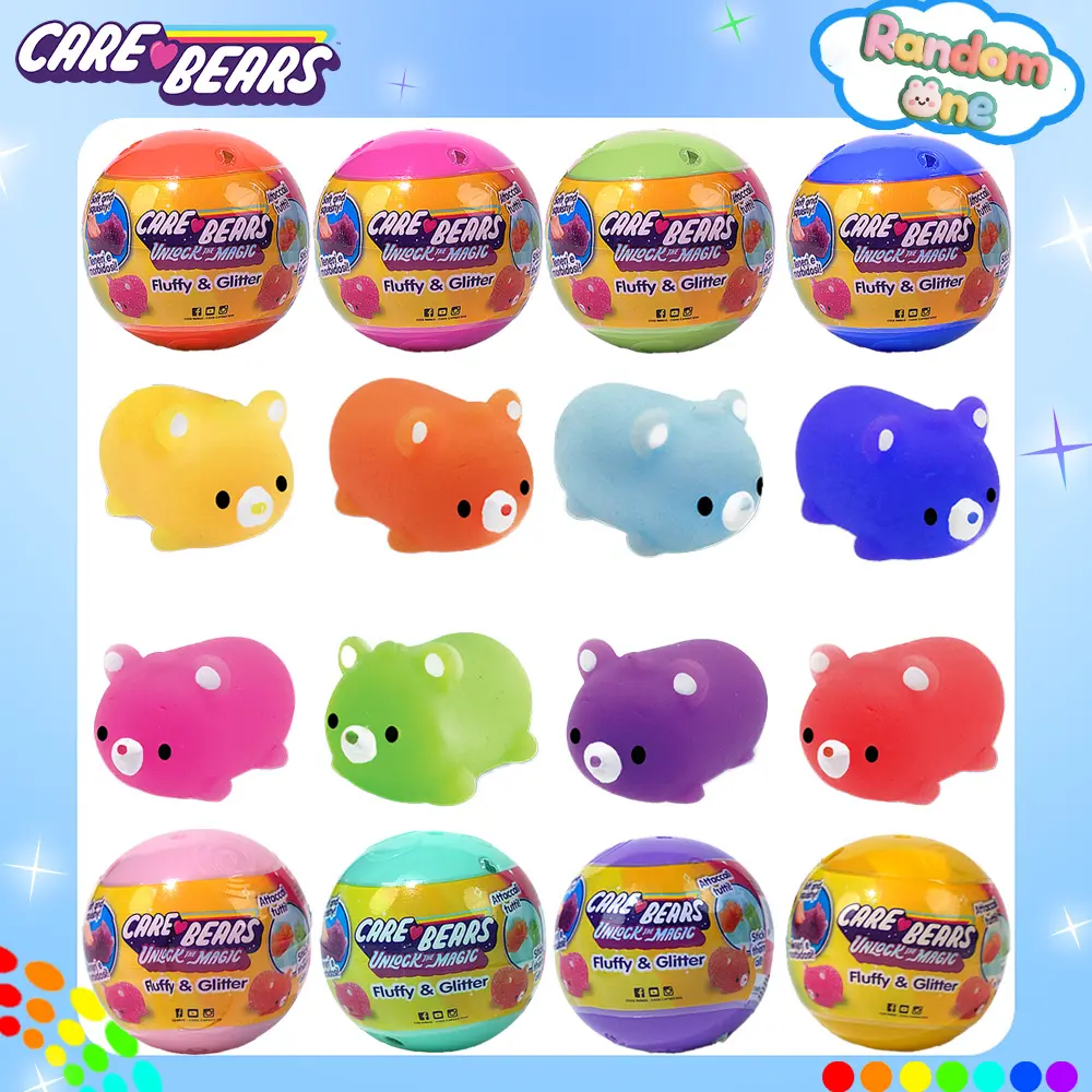 Care Bears Officially Licensed Squishy Squeeze Bear Blind Bag, Kawaii Squishies, Sparkly Squishies, Squishy Series, Random Multi-Coloured Stress Relief Toy, Glitter Fluffy Mini Bear Gift for Relaxation, Squishy Animals