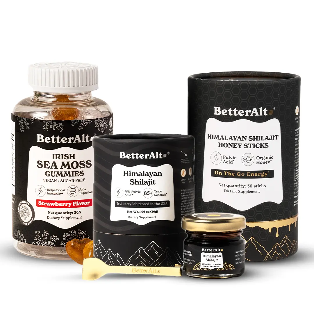 BetterAlt Sea Moss Gummies, Himalayan Shilajit Resin, & Classic Shilajit Honey Sticks | Helps Improve Energy, Stamina | Lab-Tested | 2-Month Pack