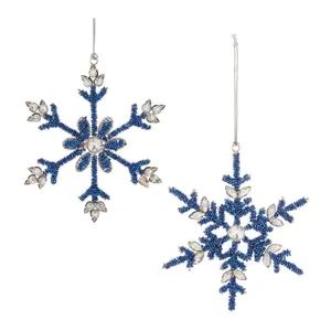 3 event 360 stand Melrose 94143DS 6 in. Metal Iron & Glass Beads Christmas Snowflake Ornament, Blue & Gray - Set of 12, Traditional Tree Decor with Hanger