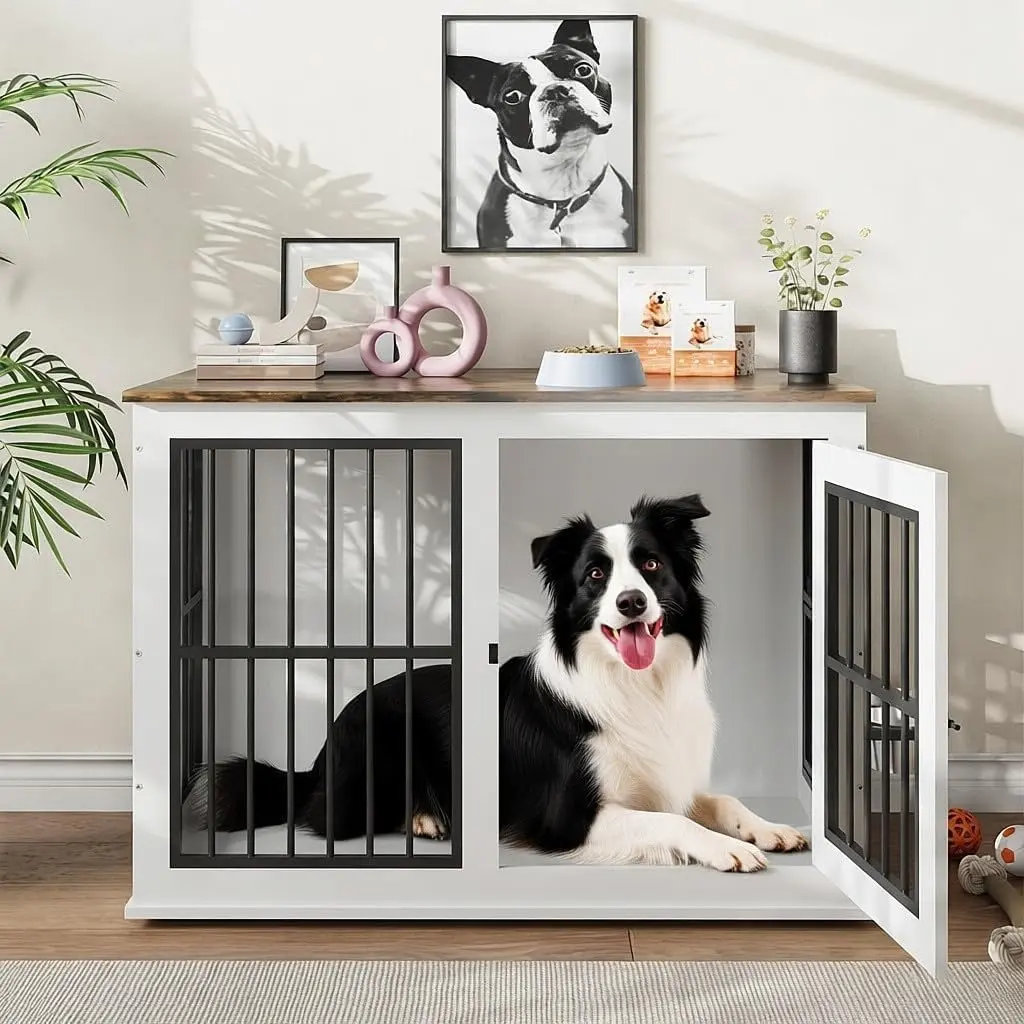 Garvee Heavy Duty Dog Crate with Wooden and Metal Frame, Liftable Top Panel, Removable Stainless Steel Bowls, Adjustable Feet, Suitable for Medium to Extra Large Dogs, Doubles as End Table or Stand