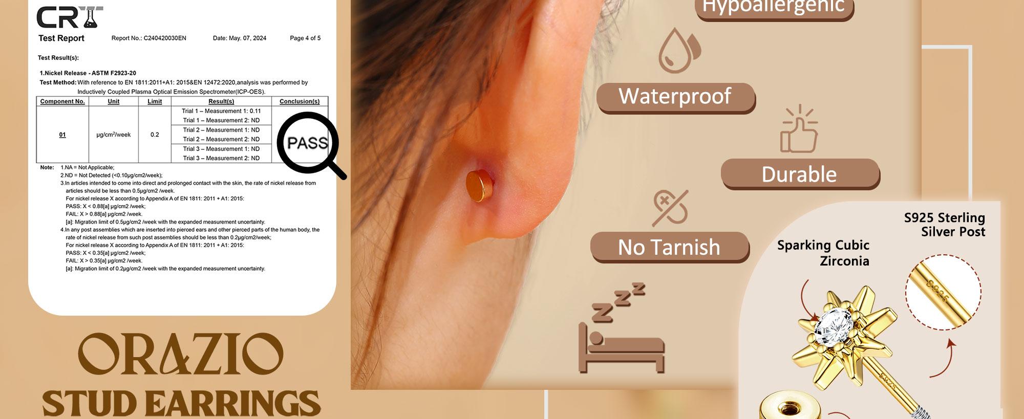 ORAZIO 925 Sterling Silver Flat Back Stud Earrings for Women Hypoallergenic 14K Gold Plated Cartilage Earrings for Sensitive Ears Small CZ Opal Conch Helix Tragus Piercing Jewelry 3 Pairs 20G