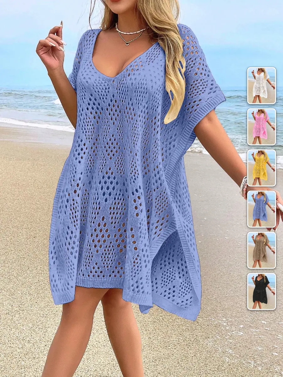 Plus Size Swimsuit Cover Up Loose Hollow Out White Beach Vacation Summer Outfit