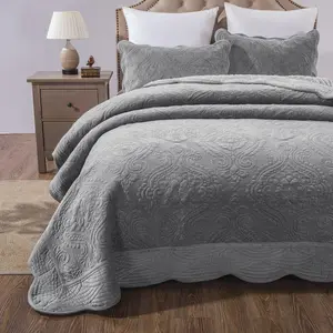 The Haven Winter Sherpa Bedspread – Gray Floral Microfleece Comfort Set