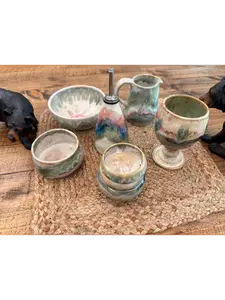 Handmade Stoneware Pottery Set: Oil Decanter, Chalice, Bowls - Set of 8