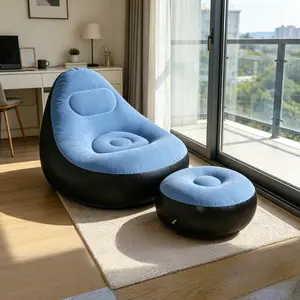 1pc Soft Flocked Inflatable Sofa with Footrest in Blue, Lightweight Foldable Single Recliner, Easy Storage Lounge Chair for Indoor Living Room Balcony Outdoor Camping Relax