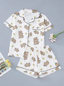 Women's Two-Piece Pajama Set Loungewear, Casual Comfortable Short Sleeve Shirt & Elastic Waist Shorts, All-Season Cartoon Animal Print Sleepwear