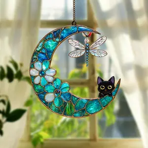 Dragonfly Moon Cat Acrylic Suncatcher, Faux Stained Glass Window Hanging Ornament, Whimsical Garden Decor For Dragonfly Lovers, Celestial Cat Sun Catcher Gift For Mother’s Day And Home Decor