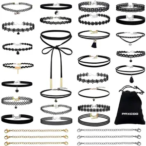 32  Choker Necklaces Set Including 26  Black Choker Necklaces and 6  Extender Chains for Women Ladies