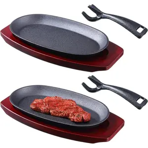 2 Pcs Oval Cast Iron Fajita Skillet Pan Set Small Sizzling Steak Plate with Wooden Base and Handle for Restaurant BBQ (9.5 in x 5.5 In)