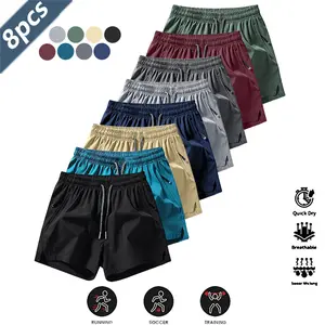 Men's 8-Pack Casual Athleisure Shorts, Anti-Wrinkle Polyester Blend, Loose Fit, Drawstring Waist, Solid Color, Quick Dry, Breathable, Minimalist Design, Streetwear Sports Shorts for Gym & Outdoor Activities