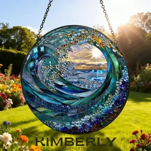 Ocean Wave Stained Glass Suncatcher, Beach Coastal Glass Suncatcher Handmade, Beach House Window Hanging Ocean Suncatcher Gift