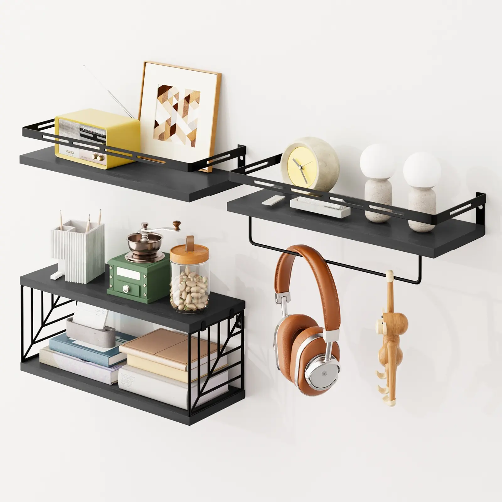 1 Set (3+1 Tier) Wall Mounted Bathroom Shelves Over Toilet, Rustic Floating Shelves With Metal Frame And Towel Bar, Bathroom Decor And Accessories, For Room Decor, Wall Dresser, Bathroom Storage, Heavy Duty Shelves, For Halloween And Christmas
