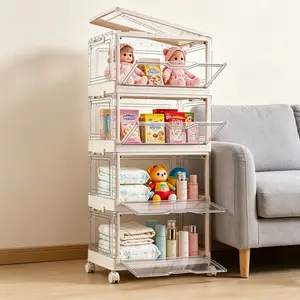 Portable Clear Storage Bins with Lid & Wheels, 24QT Clear Storage Bins with Lid, 4-Tier Plastic Bins with Wheels, Stackable, Magnetic Doors, for Bedroom, Living Room, Office